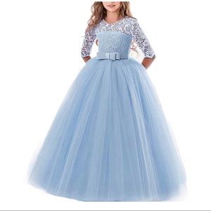 Blue Lace & Tulle 3/4 Sleeve Ball Gown, Birthday, Flower Girl Dress, Sz 11/12